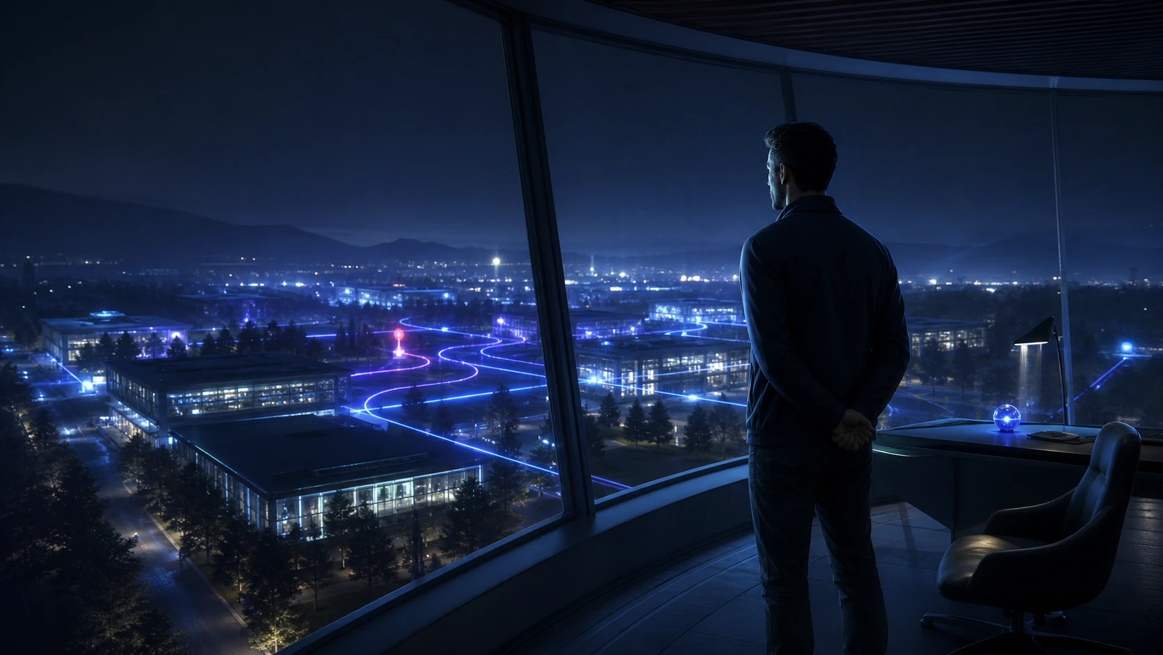 An operations lead in a watchtower overlooking connected game-studio systems and one prioritised signal.