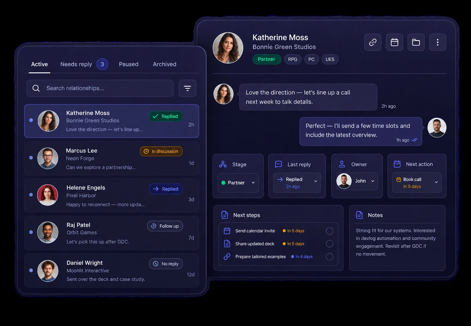 Dark relationship dashboard showing replies, owners, next actions and notes for active contacts.