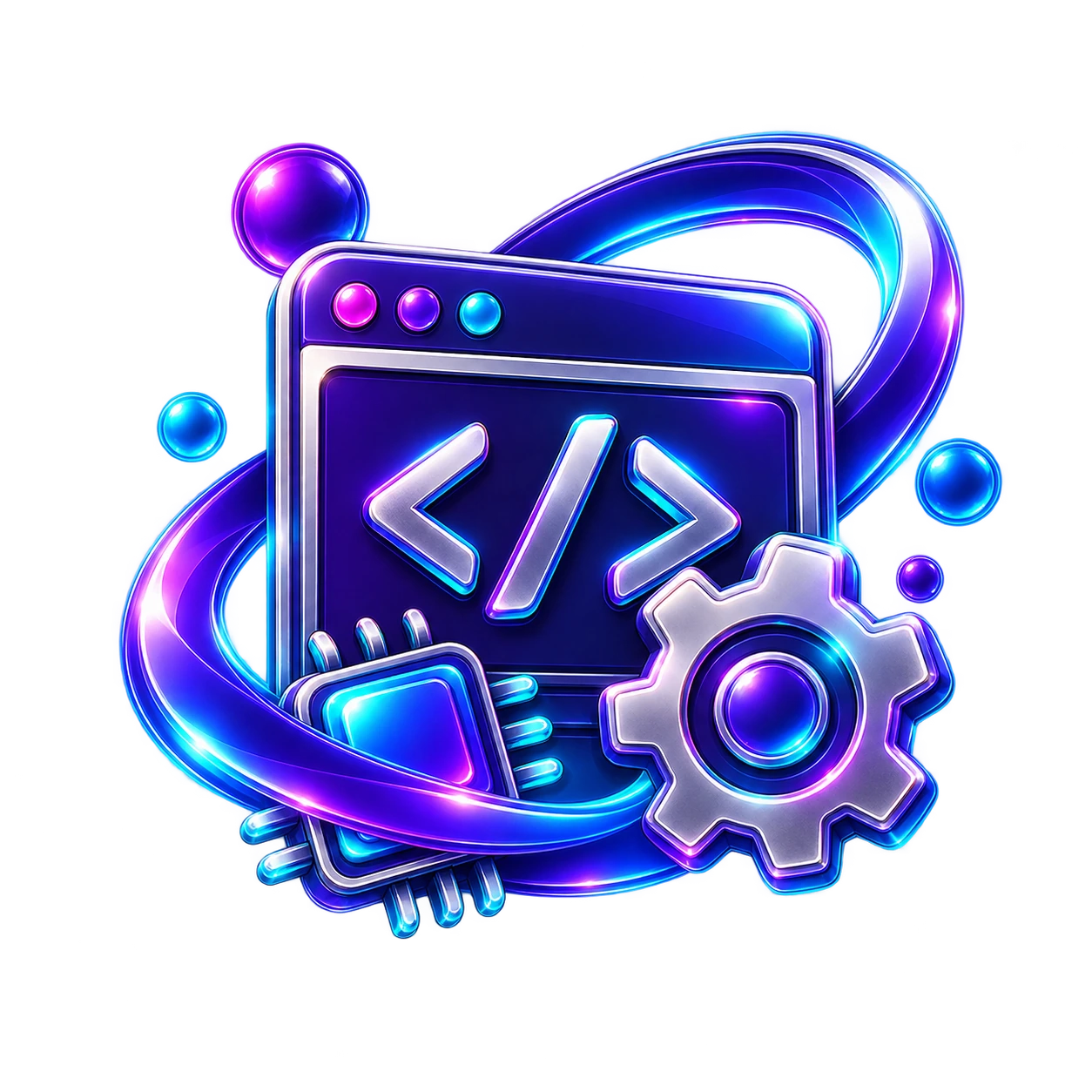 Glossy browser code window, gear and microchip representing developer relationships.