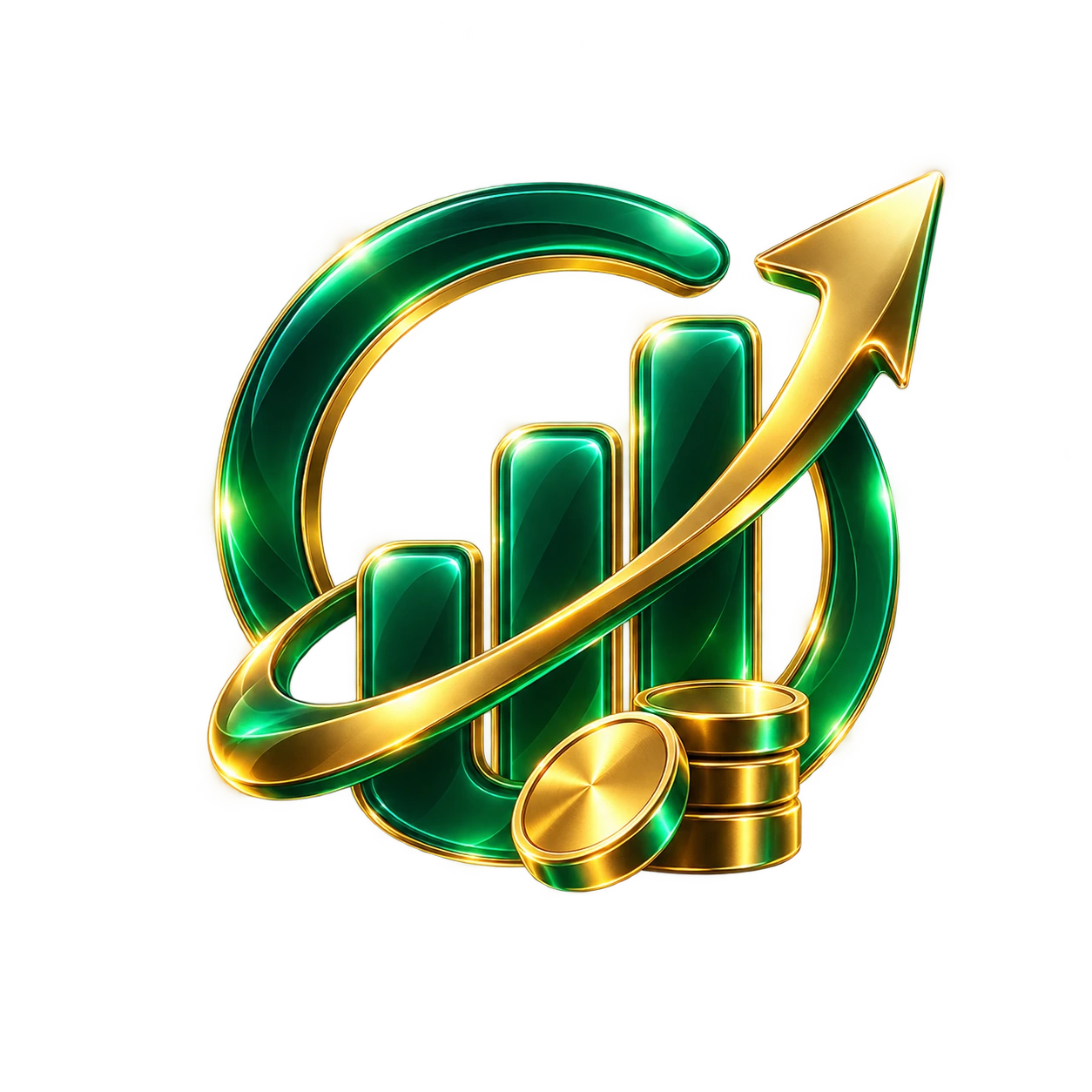 Glossy green and gold growth chart, rising arrow and coins representing investor relationships.