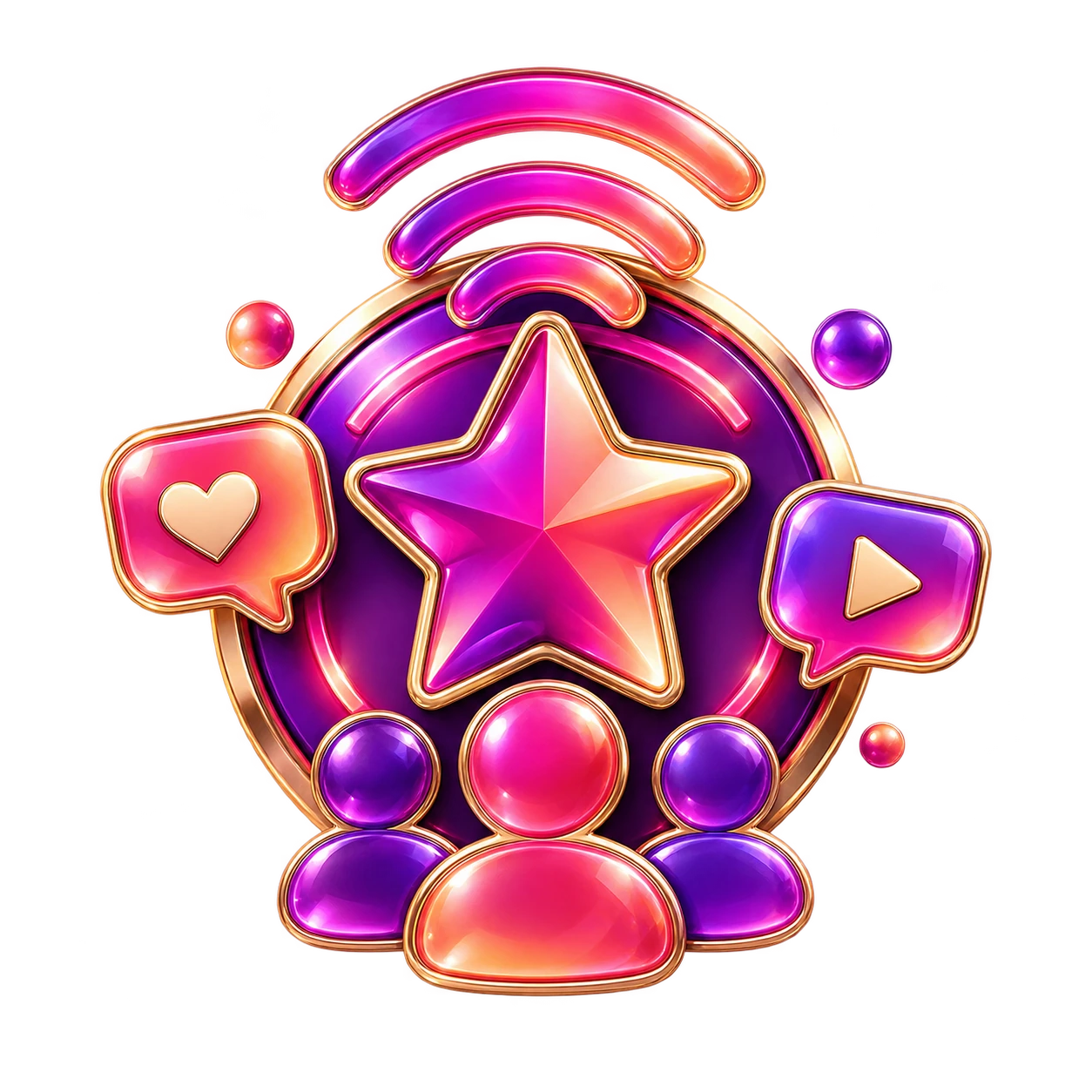 Glossy social community emblem with a star, broadcast signal, engagement icons and audience figures representing KOL relationships.