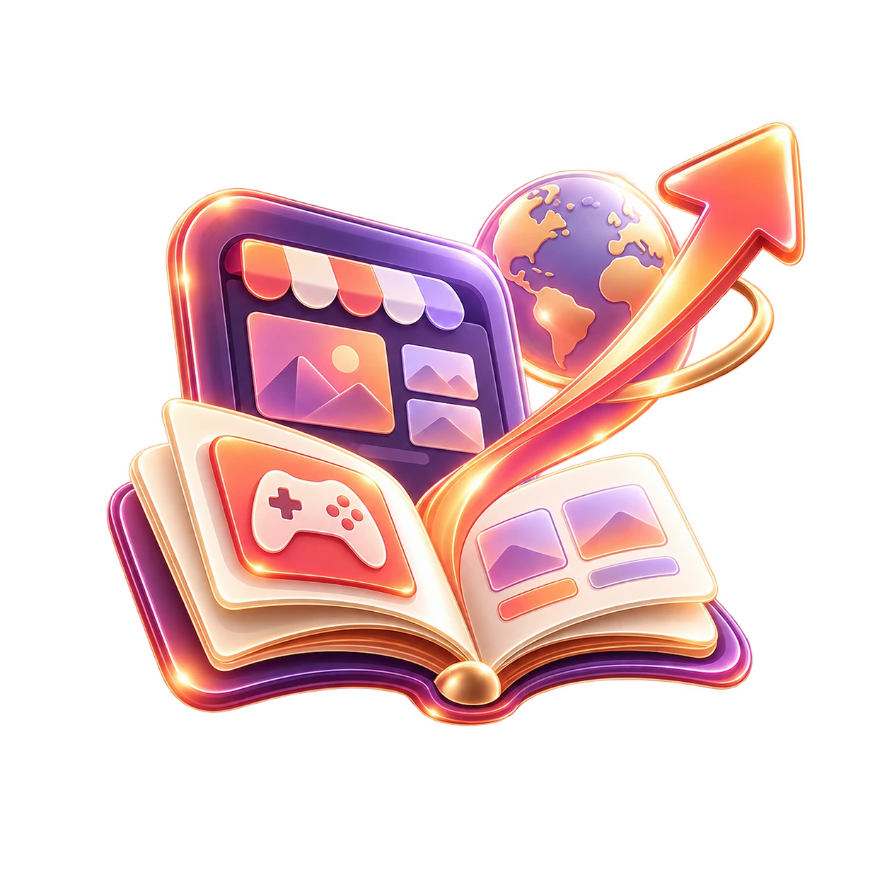 Glossy 3D open book, digital storefront and globe with a rising arrow, representing publisher reach and international growth.