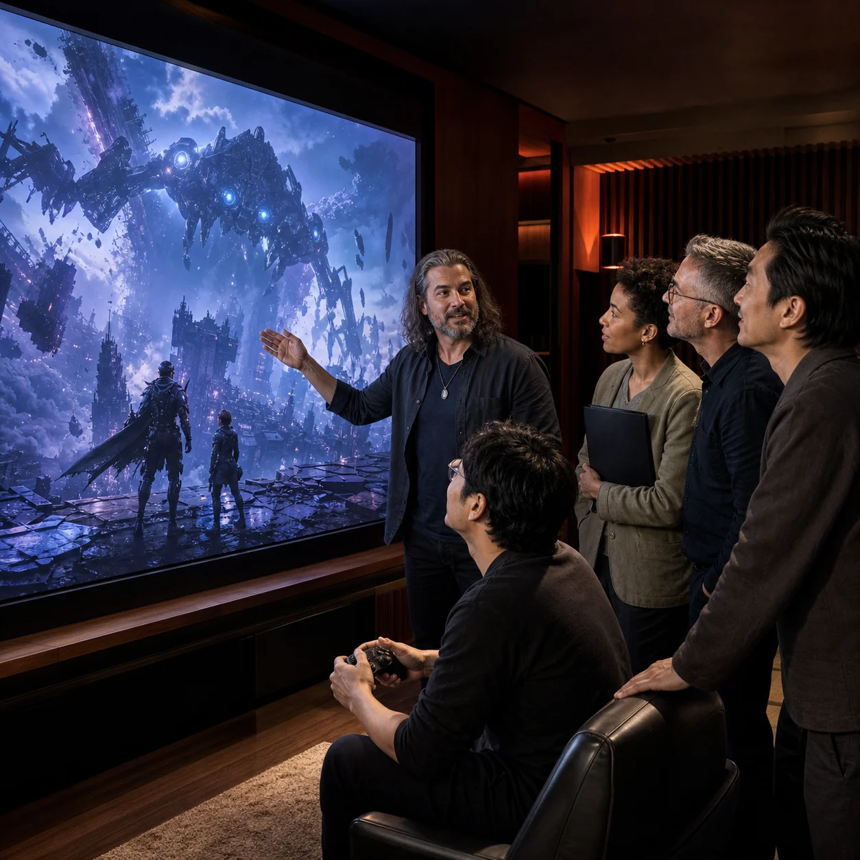 A game-studio founder and developer present a playable game to industry decision-makers.